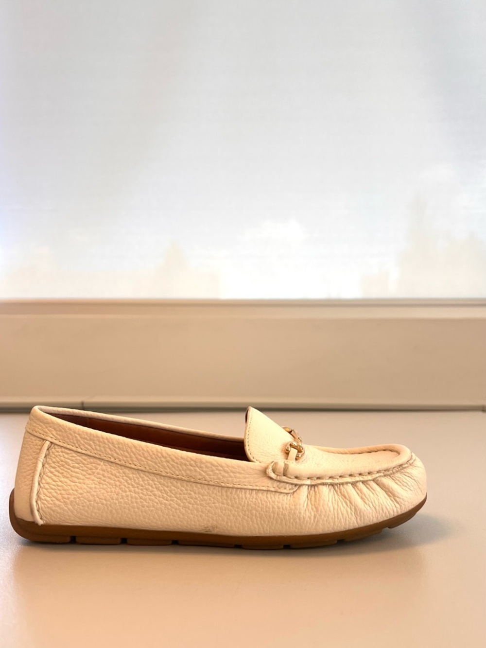 Coach Cream Pebbled Leather Driving Loafers with Gold Bit